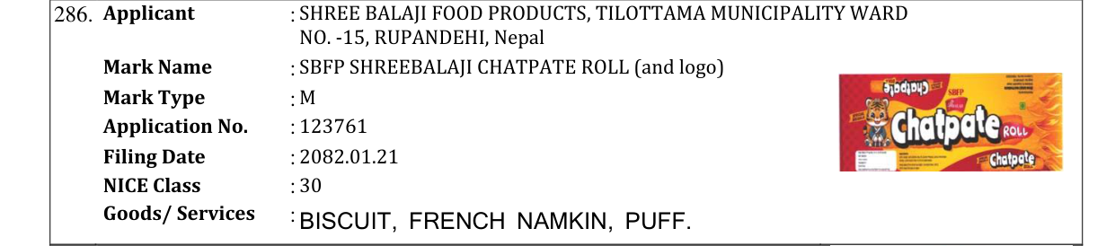 Original bulletin entry for SBFP SHREEBALAJI CHATPATE ROLL (and logo)