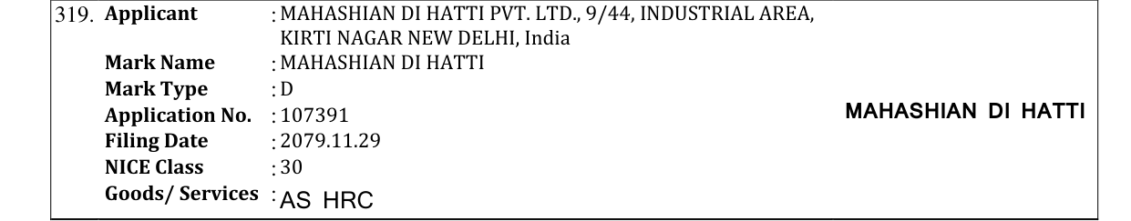 Original bulletin entry for MAHASHIAN DI HATTI