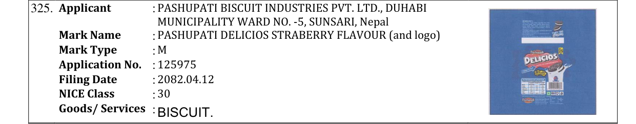 Original bulletin entry for PASHUPATI DELICIOS STRABERRY FLAVOUR (and logo)