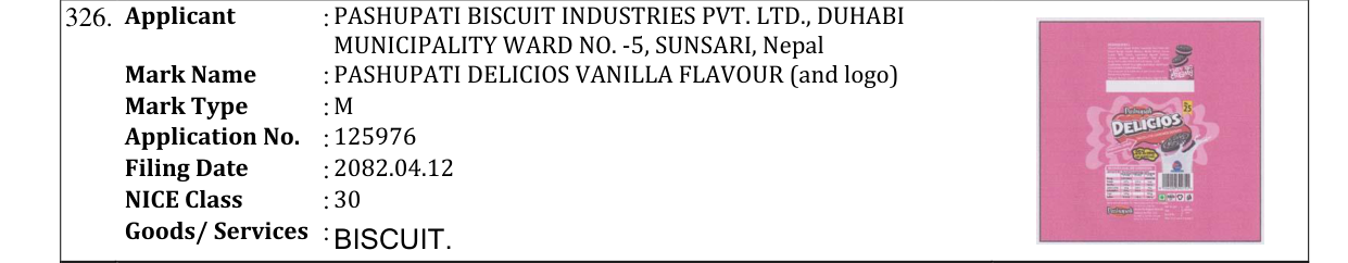 Original bulletin entry for PASHUPATI DELICIOS VANILLA FLAVOUR (and logo)