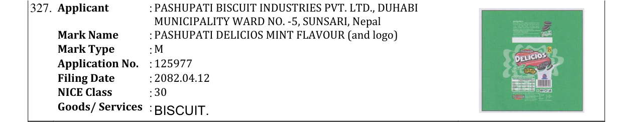 Original bulletin entry for PASHUPATI DELICIOS MINT FLAVOUR (and logo)