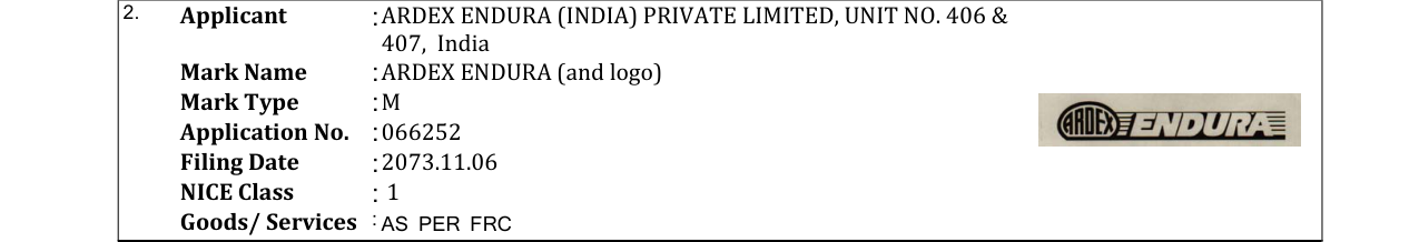 Original bulletin entry for ARDEX ENDURA (and logo)