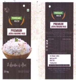TEEZAN RICE PREMIUM JEERA MASINO RICE (and logo) trademark logo