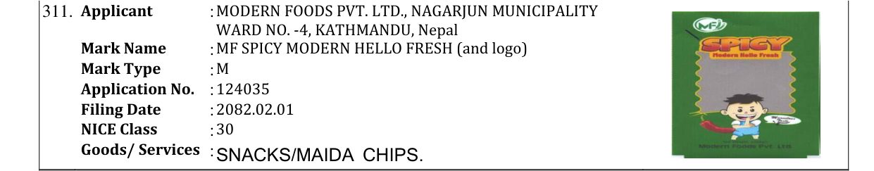 Original bulletin entry for MF SPICY MODERN HELLO FRESH (and logo)