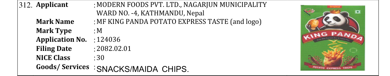 Original bulletin entry for MF KING PANDA POTATO EXPRESS TASTE (and logo)