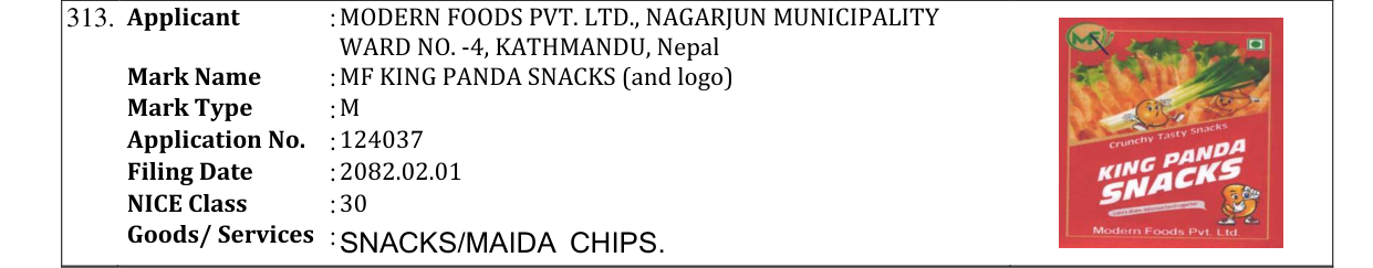 Original bulletin entry for MF KING PANDA SNACKS (and logo)