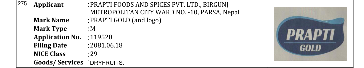 Original bulletin entry for PRAPTI GOLD (and logo)