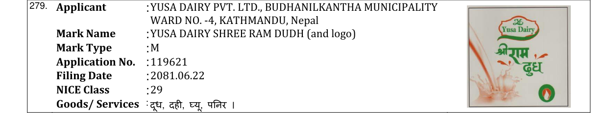 Original bulletin entry for YUSA DAIRY SHREE RAM DUDH (and logo)