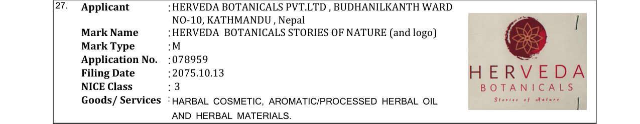 Original bulletin entry for HERVEDA BOTANICALS STORIES OF NATURE (and logo)