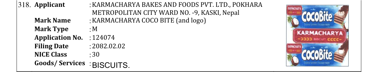 Original bulletin entry for KARMACHARYA COCO BITE (and logo)