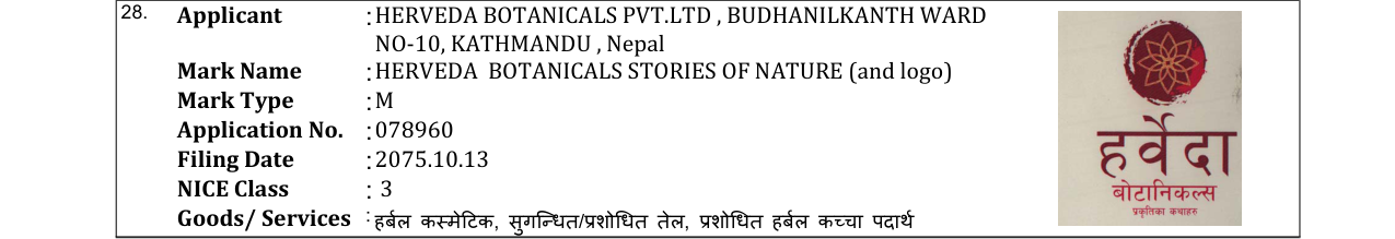 Original bulletin entry for HERVEDA BOTANICALS STORIES OF NATURE (and logo)