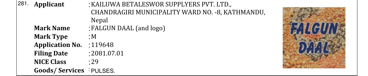 Original bulletin entry for FALGUN DAAL (and logo)
