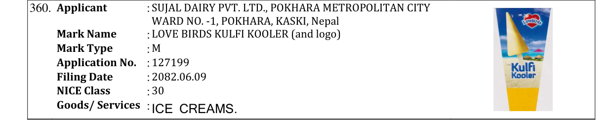 Original bulletin entry for LOVE BIRDS KULFI KOOLER (and logo)