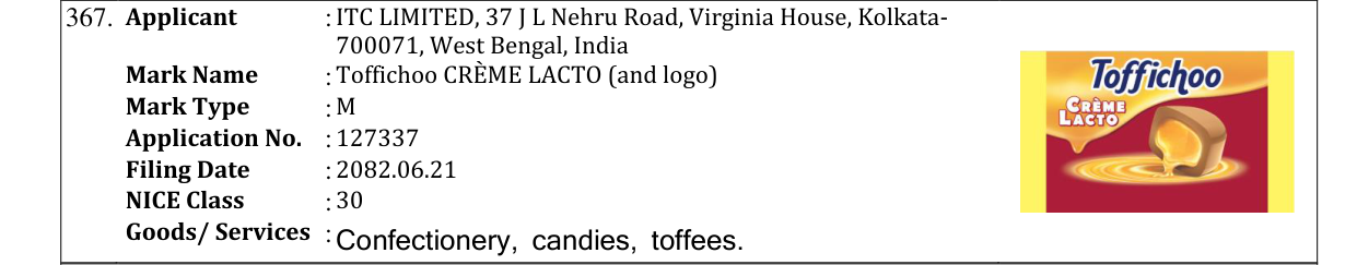 Original bulletin entry for Toffichoo CRÈME LACTO (and logo)