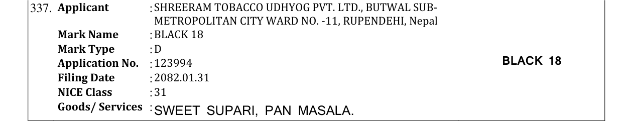 Original bulletin entry for BLACK 18