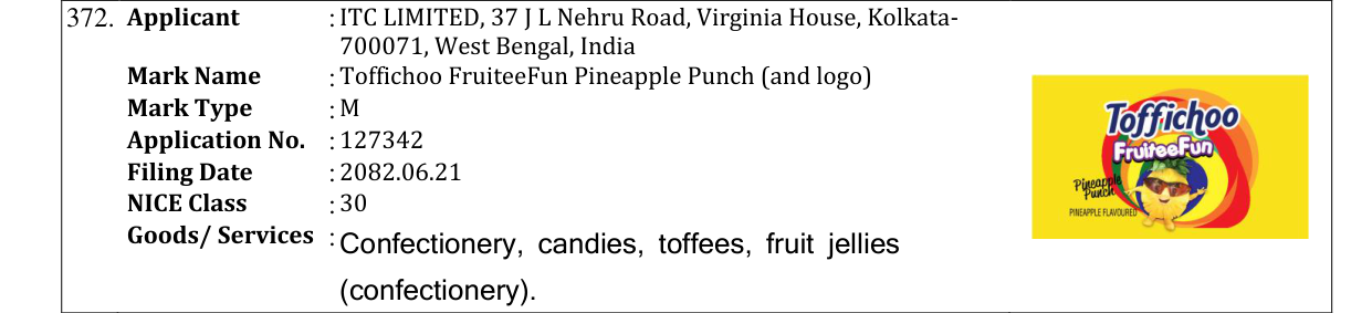 Original bulletin entry for Toffichoo FruiteeFun Pineapple Punch (and logo)