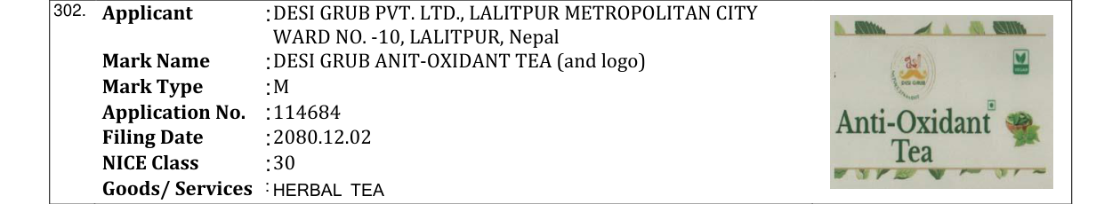 Original bulletin entry for DESI GRUB ANIT-OXIDANT TEA (and logo)