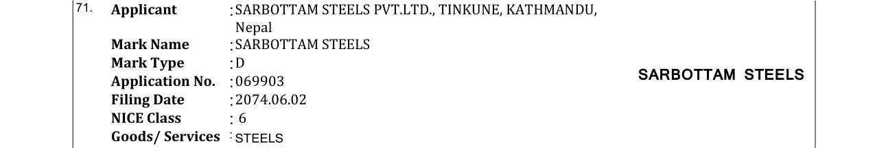 Original bulletin entry for SARBOTTAM STEELS