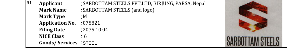 Original bulletin entry for SARBOTTAM STEELS (and logo)