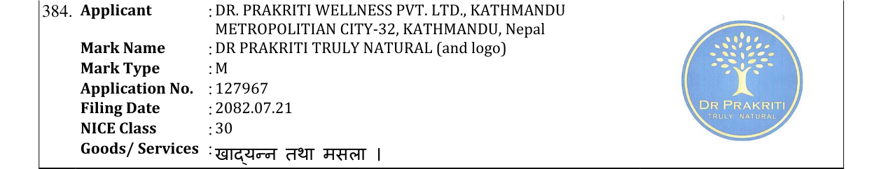 Original bulletin entry for DR PRAKRITI TRULY NATURAL (and logo)