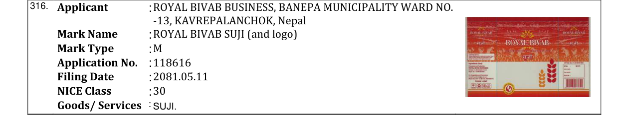 Original bulletin entry for ROYAL BIVAB SUJI (and logo)