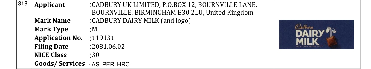 Original bulletin entry for CADBURY DAIRY MILK (and logo)