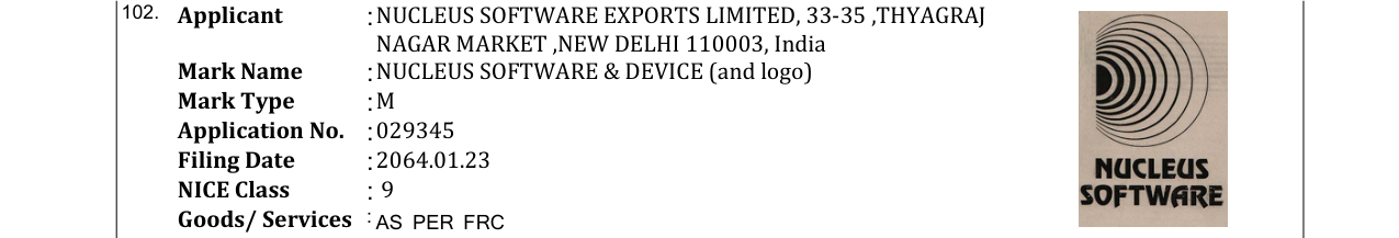 Original bulletin entry for NUCLEUS SOFTWARE & DEVICE (and logo)