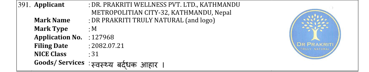 Original bulletin entry for DR PRAKRITI TRULY NATURAL (and logo)