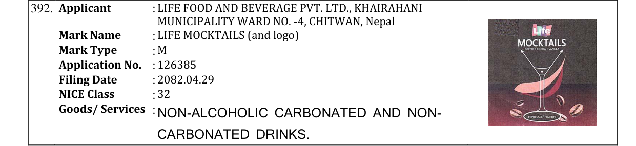 Original bulletin entry for LIFE MOCKTAILS (and logo)