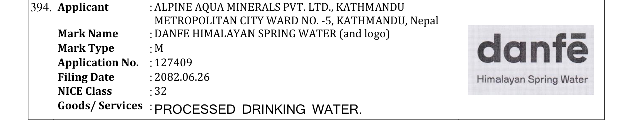 Original bulletin entry for DANFE HIMALAYAN SPRING WATER (and logo)