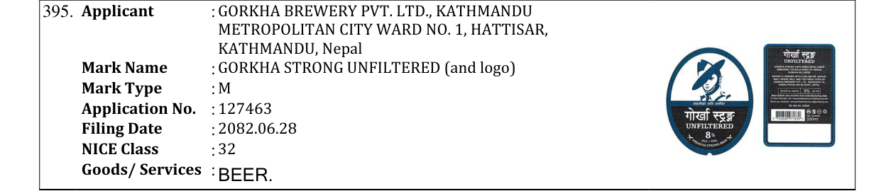 Original bulletin entry for GORKHA STRONG UNFILTERED (and logo)