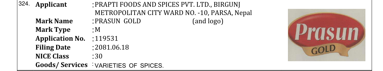Original bulletin entry for PRASUN GOLD (and logo)