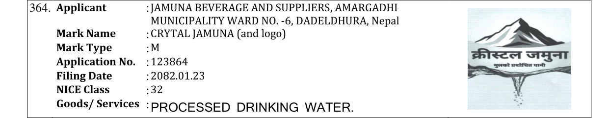 Original bulletin entry for CRYTAL JAMUNA (and logo)