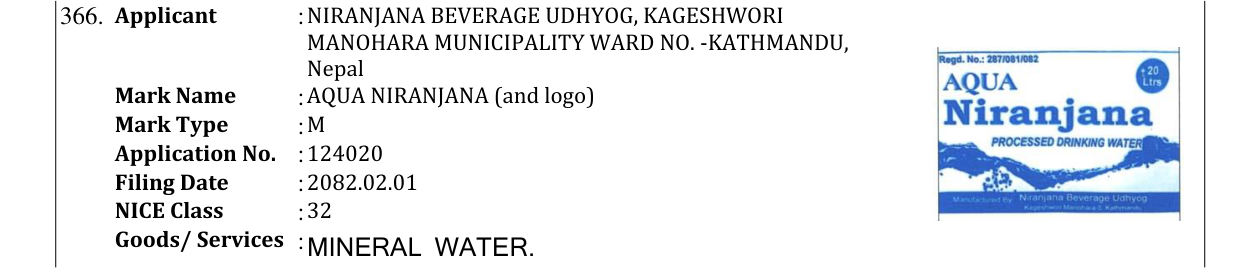 Original bulletin entry for AQUA NIRANJANA (and logo)