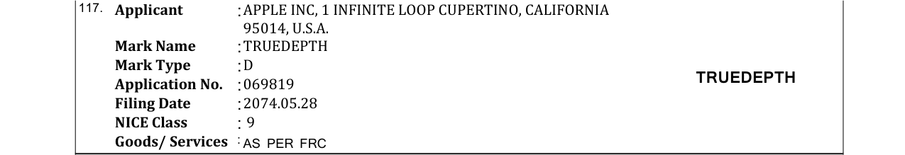 Original bulletin entry for TRUEDEPTH