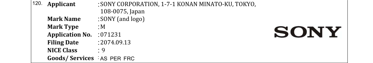 Original bulletin entry for SONY (and logo)