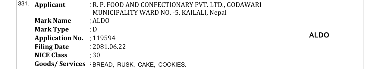 Original bulletin entry for ALDO