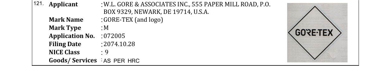 Original bulletin entry for GORE-TEX (and logo)
