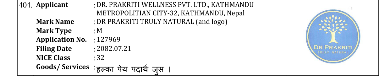 Original bulletin entry for DR PRAKRITI TRULY NATURAL (and logo)