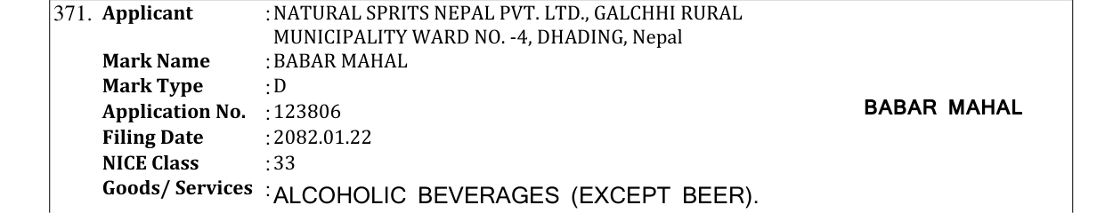 Original bulletin entry for BABAR MAHAL