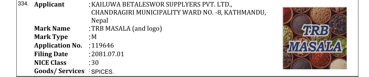 Original bulletin entry for TRB MASALA (and logo)