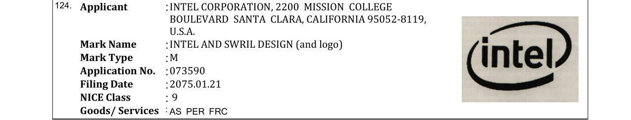Original bulletin entry for INTEL AND SWRIL DESIGN (and logo)