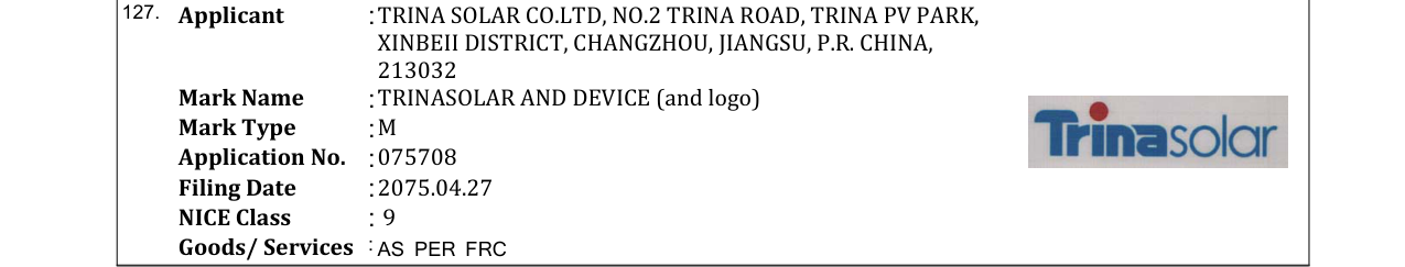 Original bulletin entry for TRINASOLAR AND DEVICE (and logo)
