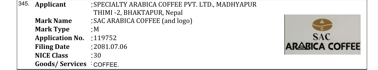 Original bulletin entry for SAC ARABICA COFFEE (and logo)