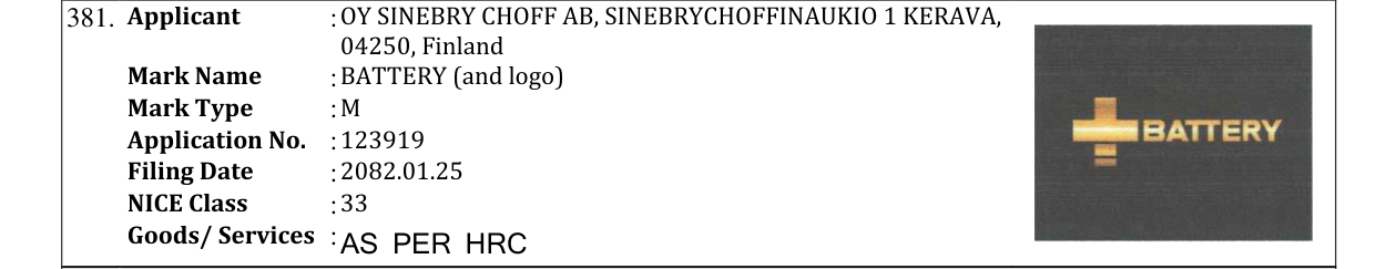 Original bulletin entry for BATTERY (and logo)