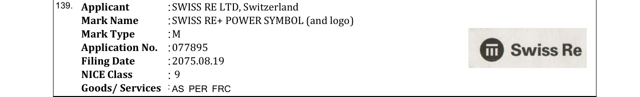 Original bulletin entry for SWISS RE+ POWER SYMBOL (and logo)