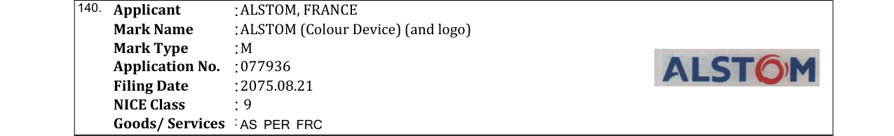 Original bulletin entry for ALSTOM (Colour Device) (and logo)