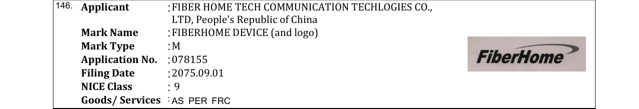 Original bulletin entry for FIBERHOME DEVICE (and logo)