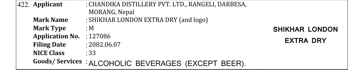 Original bulletin entry for SHIKHAR LONDON EXTRA DRY (and logo)