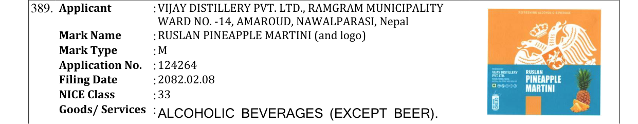 Original bulletin entry for RUSLAN PINEAPPLE MARTINI (and logo)